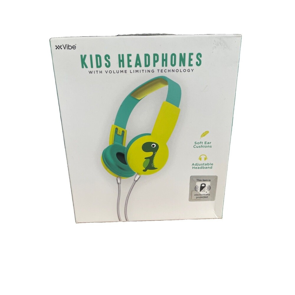 Vibe Kids Headphones Volume Limiting Green Yellow Dinosaur 3.5mm Tablet Audio